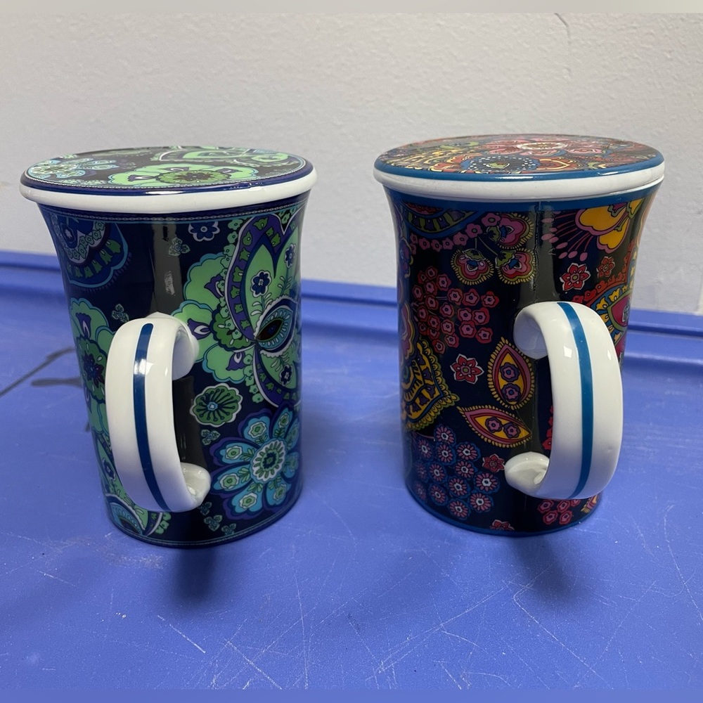 2 Gorgeous Paisley Vera Bradley Symphony in Hue & Blue Rhapsody Coffee Mugs/Lids - Picture 5 of 15